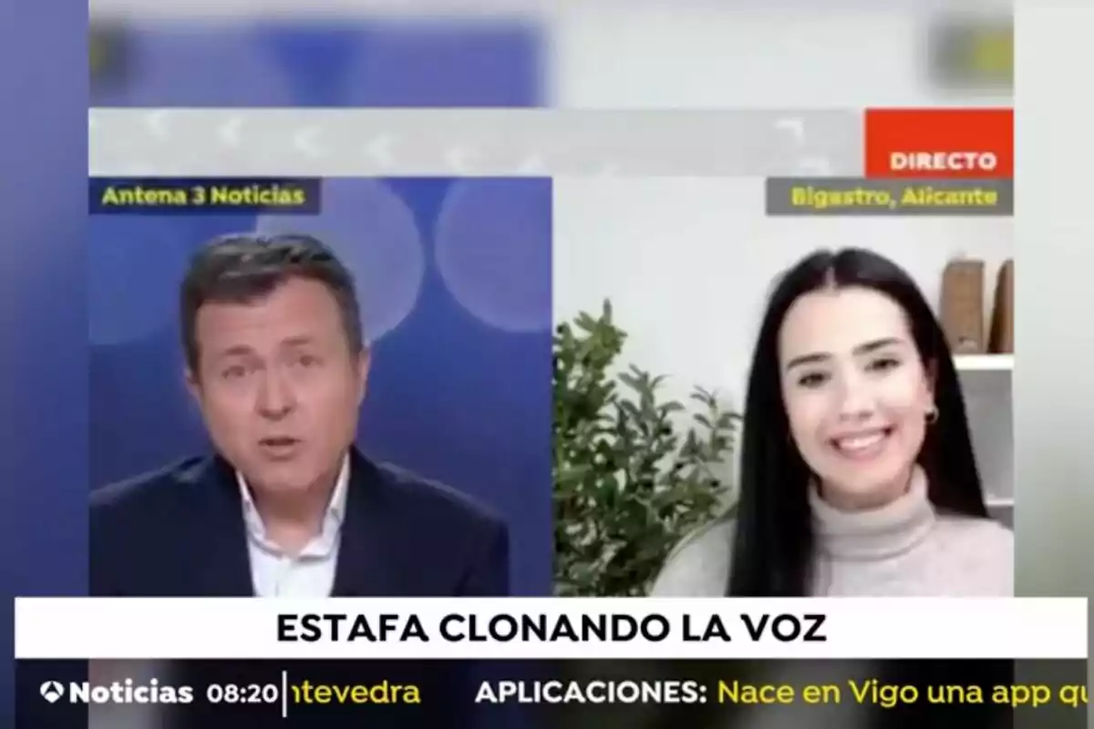 Manu Sánchez y Sandra Moñino participan en una entrevista televisiva sobre estafas utilizando clonación de voz, con el presentador en un estudio y la invitada conectada desde Bigastro, Alicante. Manu Sánchez y Sandra Moñino participan en una entrevista televisiva sobre estafas utilizando clonación de voz, con el presentador en un estudio y la invitada conectada desde Bigastro, Alicante.