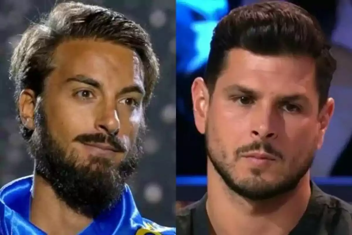 Dos homes amb barba i cabell fosc apareixen en primer pla, Borja González porta una jaqueta blava a Supervivientes i Alejandro Nieto vesteix de negre, tots dos amb expressions serioses.