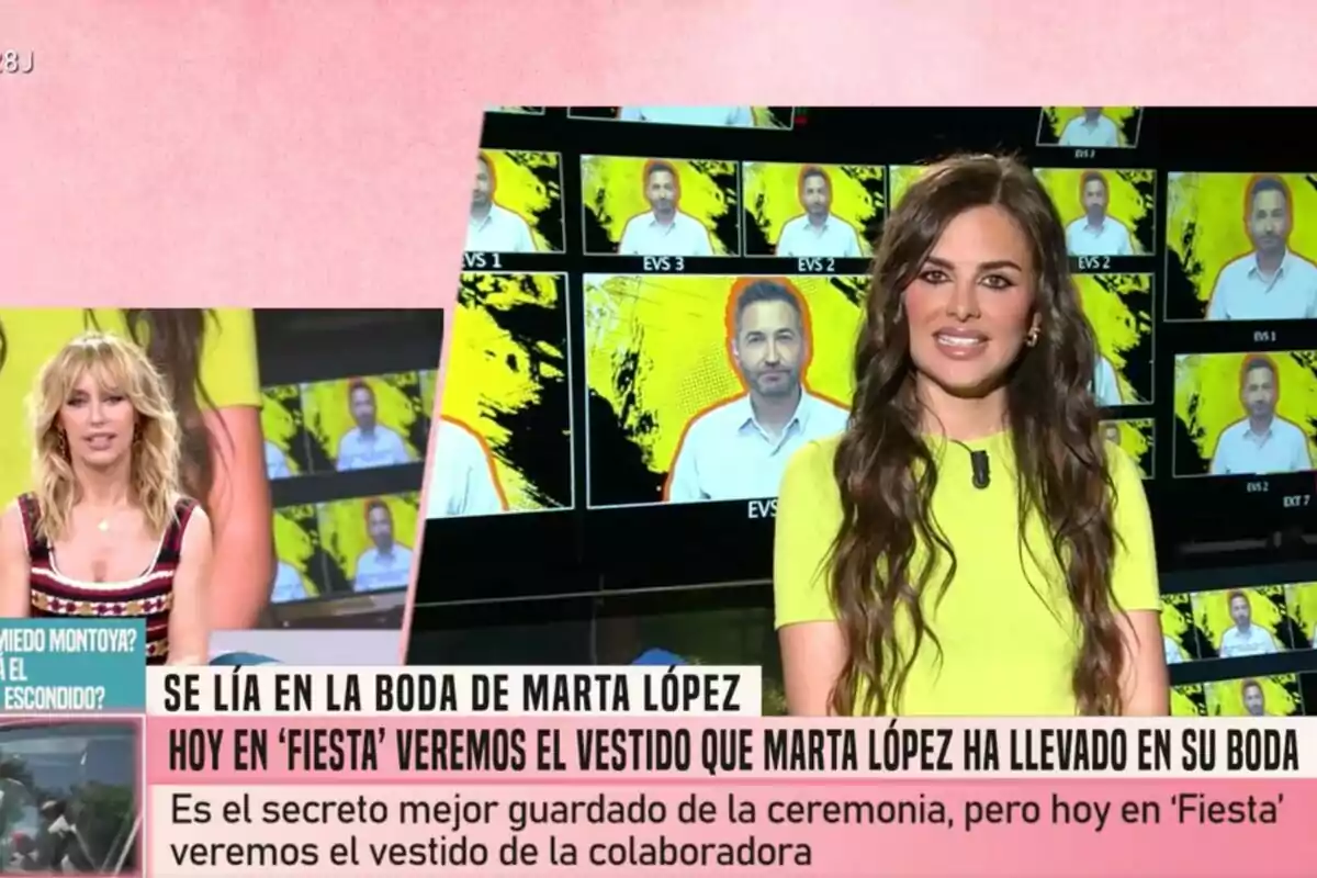 Emma García y Alexia Rivas aparecen en Fiesta con varios monitores de fondo y un cintillo informativo que anuncia que mostrarán el vestido de boda de Marta López Emma García y Alexia Rivas aparecen en Fiesta con varios monitores de fondo y un cintillo informativo que anuncia que mostrarán el vestido de boda de Marta López