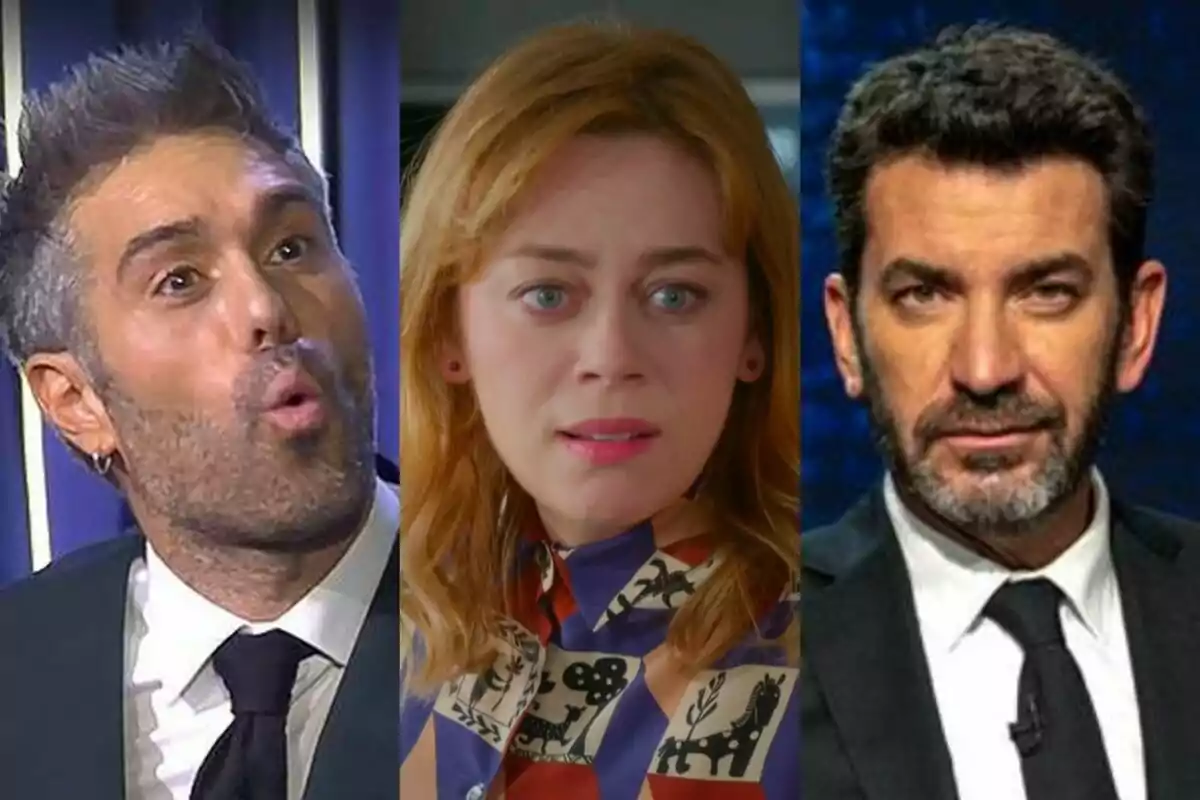 Tres persones apareixen a la imatge, Dani Martínez a El Gran Show i Arturo Valls a That's my jam amb vestit i corbata als costats i Bajar a Renacer de cabell ros al centre amb una camisa colorida.