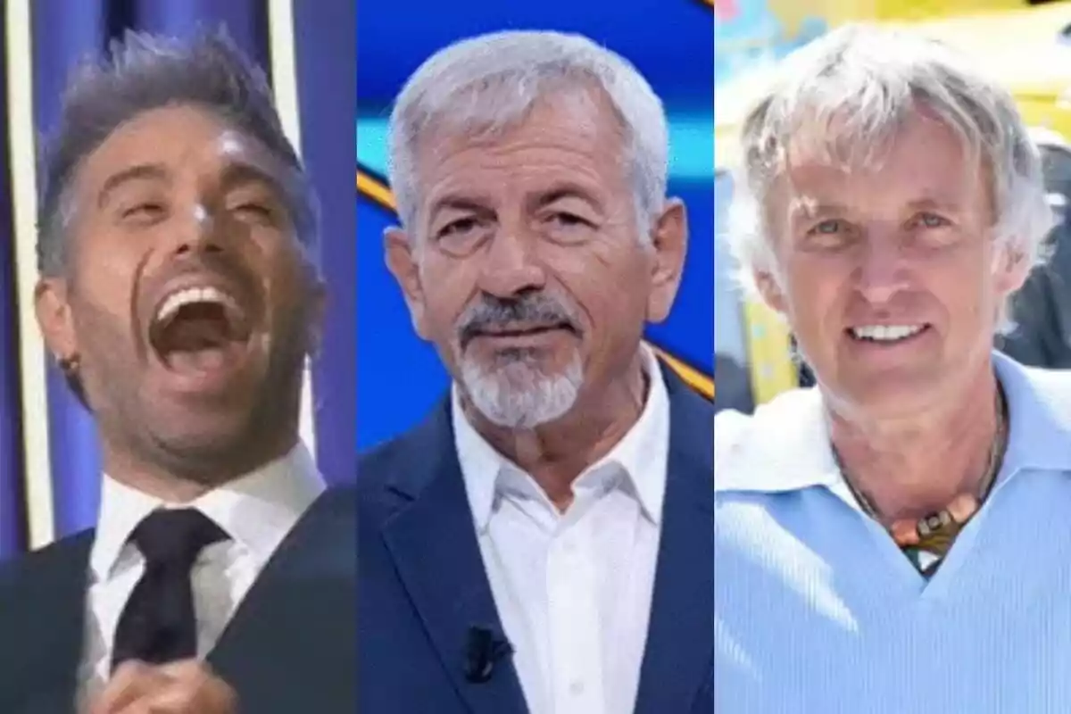Tres hombres de diferentes edades posan en primer plano, Dani Martínez en El Gran Show, Carlos Sobera en Todos por ti y Jesús Calleja en Volando voy, volando vengo, cada uno con una expresión facial distinta y fondos coloridos.