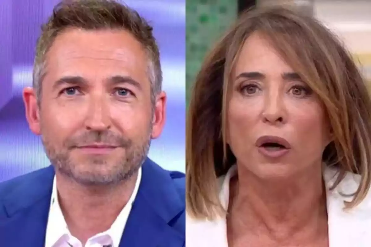 Primer pla de Frank Blanco amb barba curta i cabell castany de Tardear al costat de María Patiño de cabell castany clar amb expressió de sorpresa a La Família de la Tele