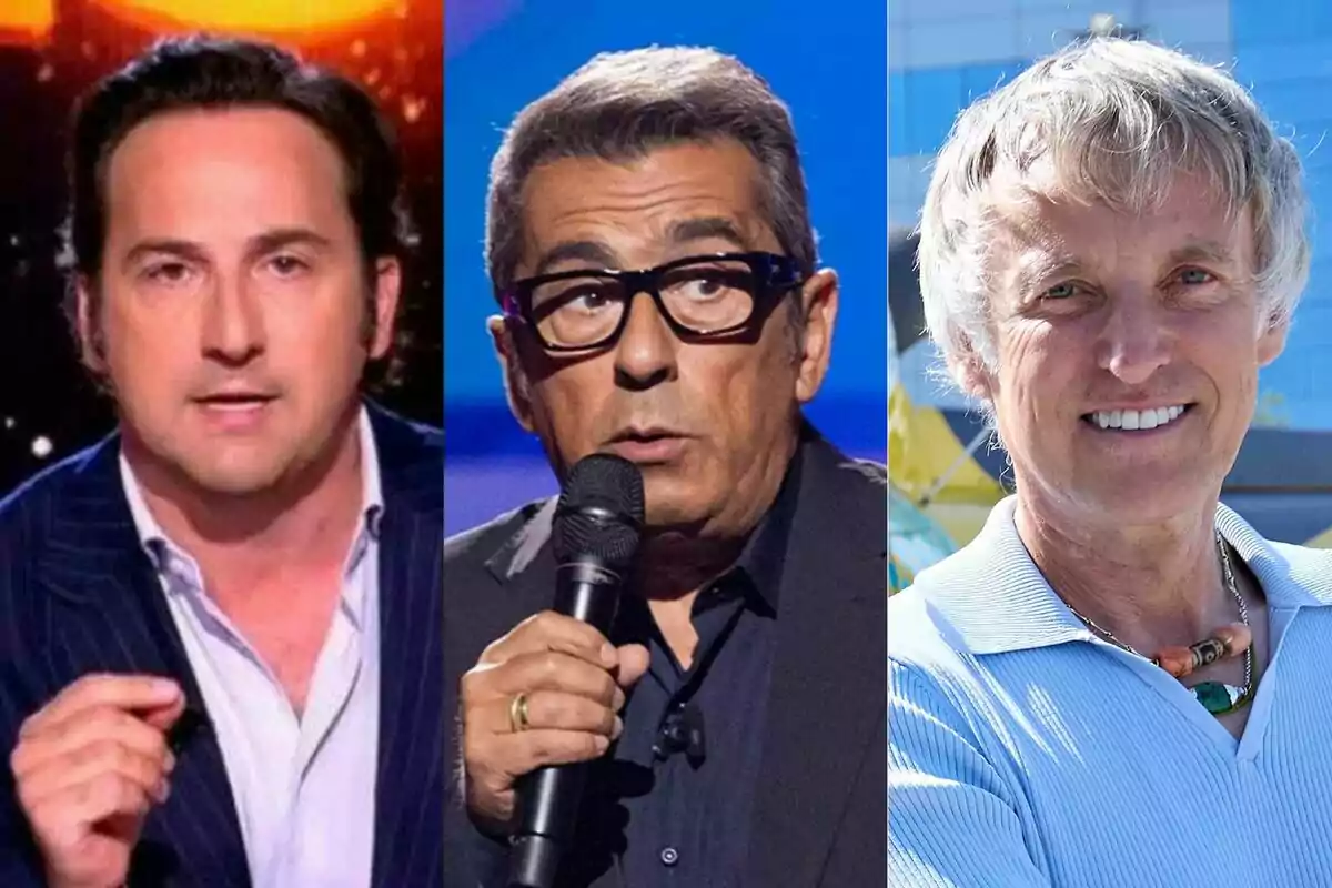 Tres hombres de mediana edad posan en diferentes escenarios Iker Jiménez con fondo oscuro en Horizonte, Andreu Buenafuente con micrófono y gafas negras en Futuro Imperfecto y Jesús Calleja sonriente al aire libre en Volando Voy, Volando Vengo