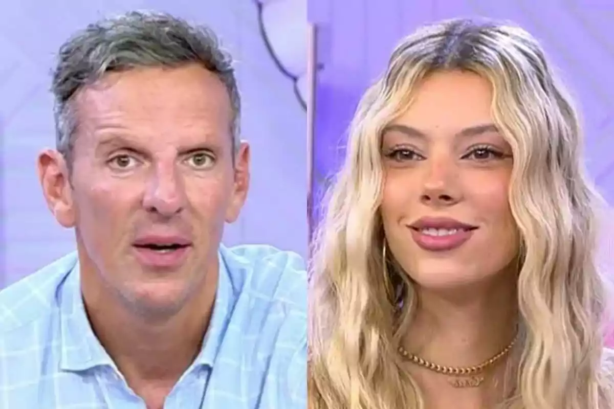 Joaquín Prat de cabello corto y canoso con camisa celeste y Alejandra Rubio de cabello largo y rubio con collar dorado aparecen en Vamos a ver con fondo lila.