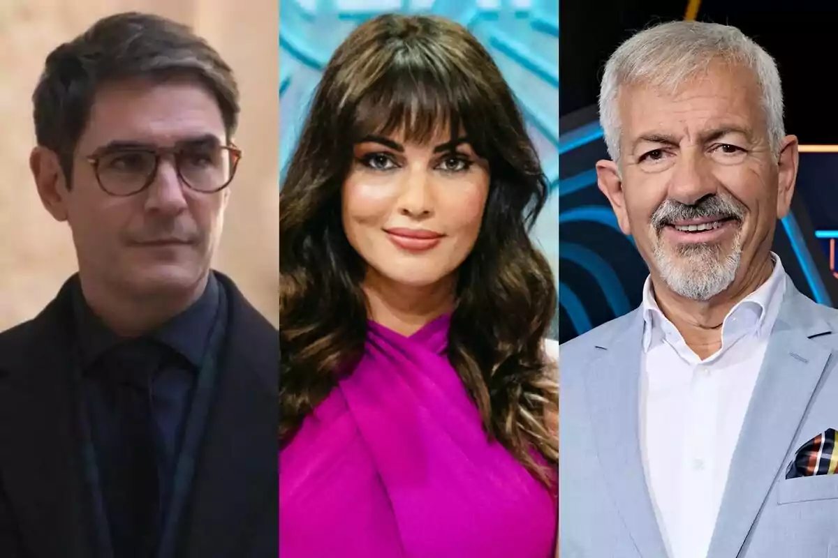 Tres persones posant, Juanra Bonet amb ulleres i cabell fosc a Traitors, Lara Álvarez de cabell llarg i fosc amb vestit fúcsia a La Conexión i Carlos Sobera de cabell canós i barba amb americana clara a Todos por ti