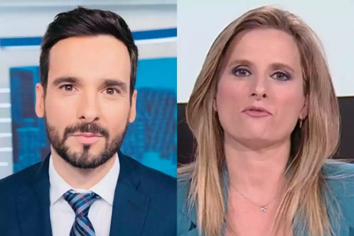 Lluis Guilera con barba y cabello oscuro lleva traje y corbata junto a Ana Roldán rubia con maquillaje y chaqueta azul, ambos en el Telediario. Lluis Guilera con barba y cabello oscuro lleva traje y corbata junto a Ana Roldán rubia con maquillaje y chaqueta azul, ambos en el Telediario.
