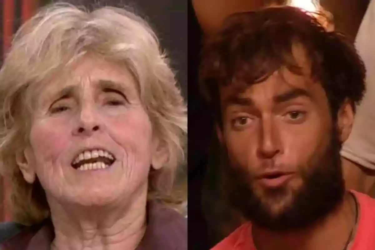 Mercedes Milà i Montoya, una dona gran amb cabells canosos i un home jove amb barba i cabells foscos, apareixen en un muntatge de dos retrats.