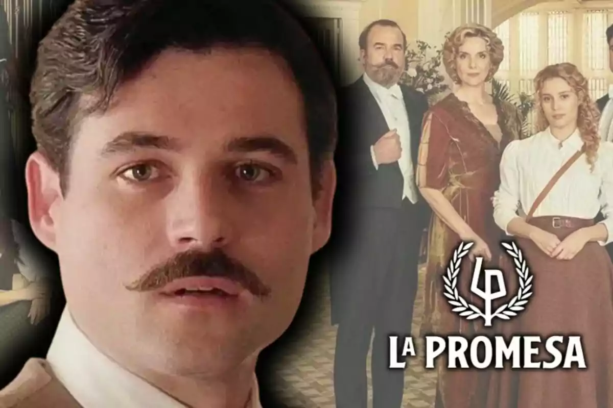 Primer plano de Arturo Sancho con bigote y expresión seria al frente, al fondo un grupo de personas elegantemente vestidas y el logo de la serie 'La Promesa'.
