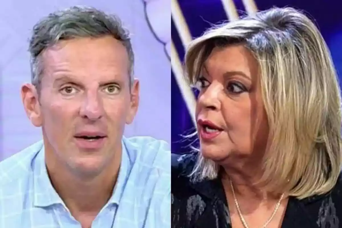Dues persones en primer pla, Joaquín Prat amb camisa clara a l'esquerra a Vamos a ver i Terelu Campos rossa amb jaqueta fosca a la dreta a De Viernes, tots dos en un entorn d'estudi de televisió.