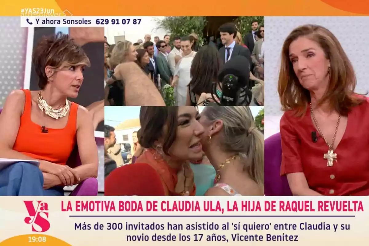 Y ahora Sonsoles mostrant imatges d’un casament amb diverses persones conversant i Sonsoles Ónega i Paloma García-Pelayo a l’estudi, una d’elles vestida de taronja i l’altra de vermell, amb un titular sobre l’emotiu casament de Claudia Ula, filla de Raquel Revuelta.