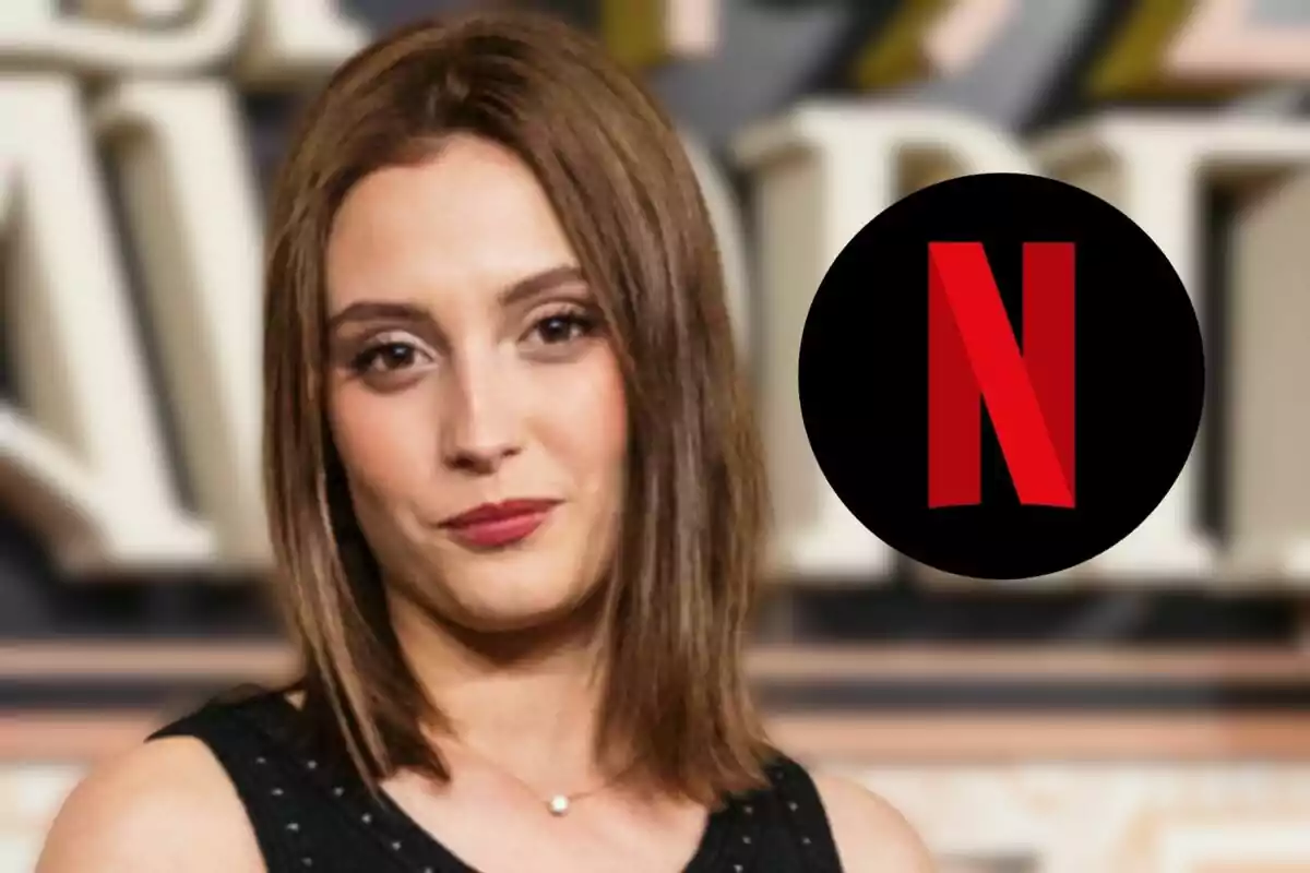 Ana Garcés de cabello castaño lacio con fondo desenfocado y el logo de Netflix a su lado