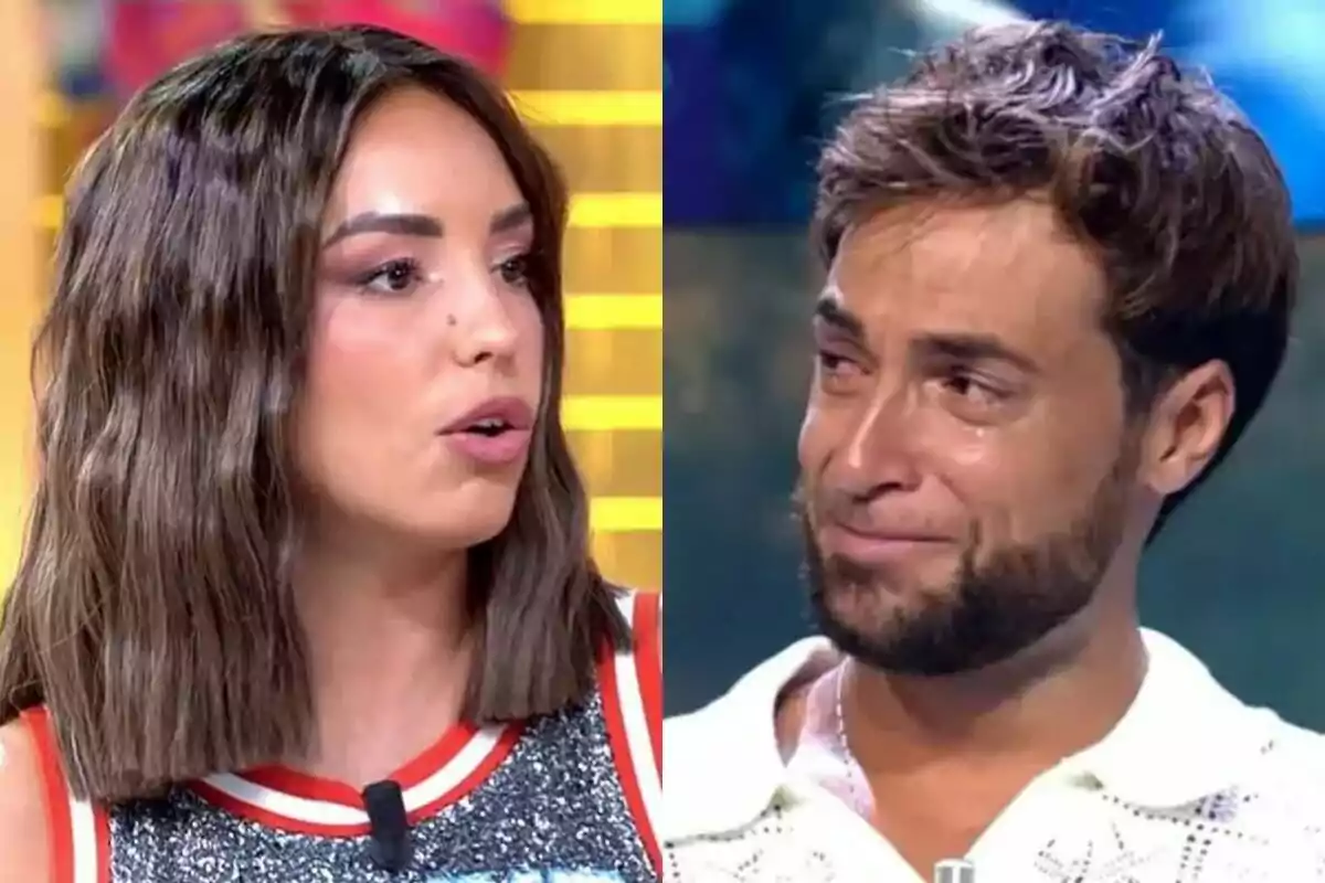 Dos personas en un programa de televisión, Anita Williams hablando en Fiesta y Montoya con expresión de llanto en Supervivientes