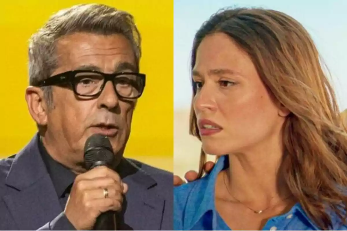 Andreu Buenafuente de cabell canós i ulleres sosté un micròfon a Futur Imperfect mentre Astrid Janer de cabell castany clar mira cap a un costat amb expressió seriosa a La Cruïlla.