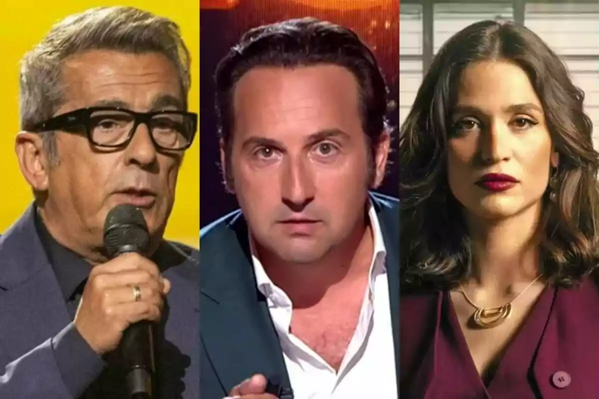 Tres personas aparecen en primer plano, Andreu Buenafuente en Futuro Imperfecto, Iker Jiménez en Horizonte y Astrid Janer en La Encrucijada, cada una en un recuadro diferente, mirando hacia la cámara con expresiones serias