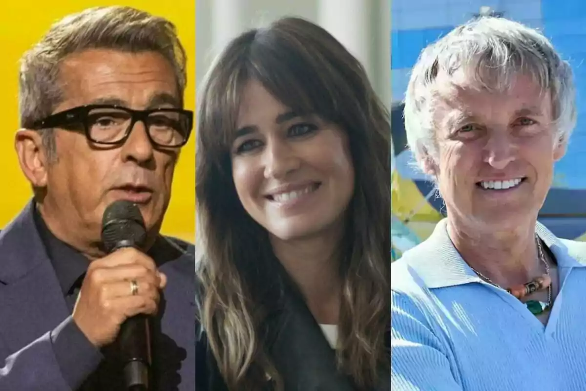 Tres personas posan en diferentes escenarios, Andreu Buenafuente con gafas sostiene un micrófono en Futuro Imperfecto, Isabel Jiménez sonríe en Mis raíces y Jesús Calleja de cabello canoso también sonríe al aire libre en Volando voy, volando vengo.
