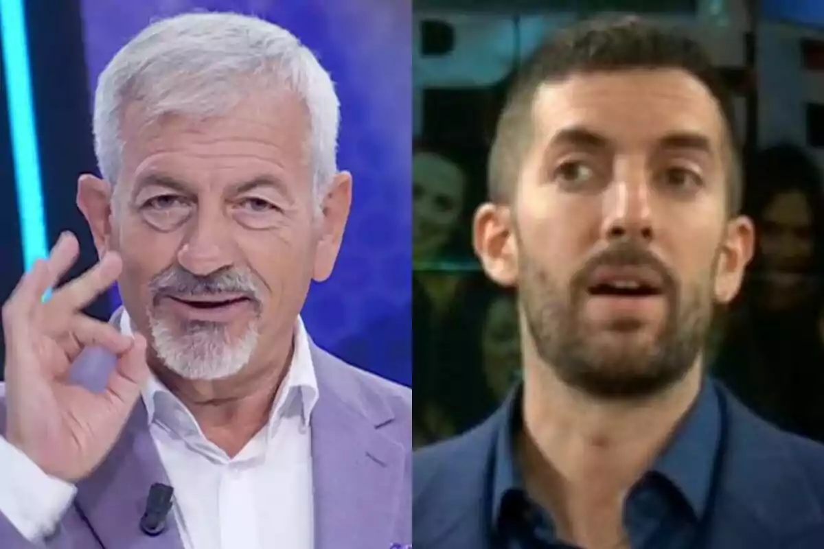 Dos hombres en primer plano, Carlos Sobera de cabello canoso y barba con saco lila haciendo un gesto con la mano en Todos por ti, y David Broncano de cabello corto y barba con saco azul en La Revuelta, ambos en un entorno de estudio de televisión.