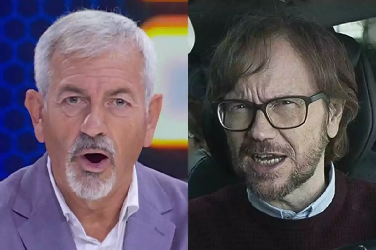 Dos hombres aparecen en la imagen, Carlos Sobera de cabello canoso y barba con expresión de sorpresa en Todos por ti y Santiago Segura de cabello castaño, gafas y barba con expresión seria en Padre no hay más que uno