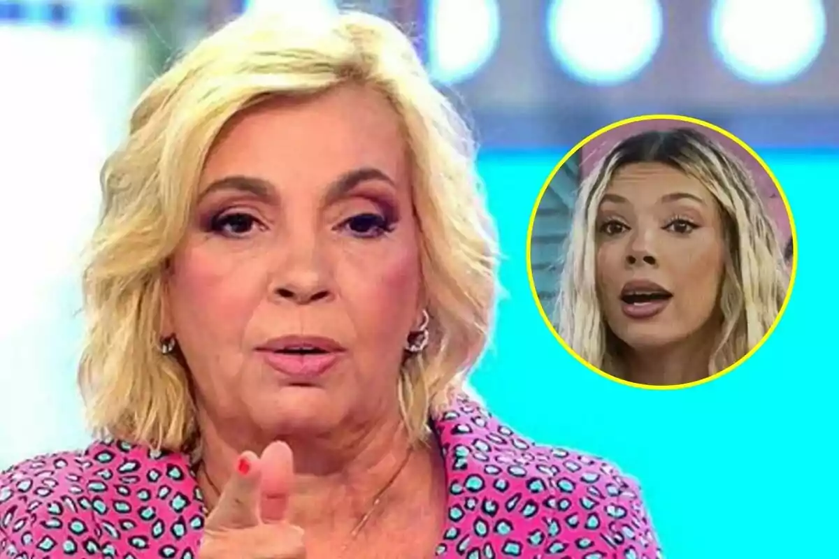 Carmen Borrego rubia de cabello corto con expresión seria en Vamos a ver en primer plano y Alejandra Rubio rubia en un círculo amarillo al fondo sobre fondo azul