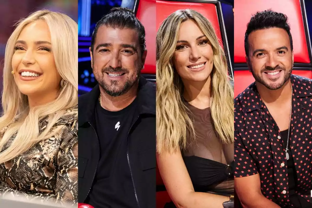 Ana Mena, Antonio Orozco, Edurne i Luis Fonsi somrients asseguts en cadires vermelles, probablement jutges de La Voz Kids de talents televisiu.