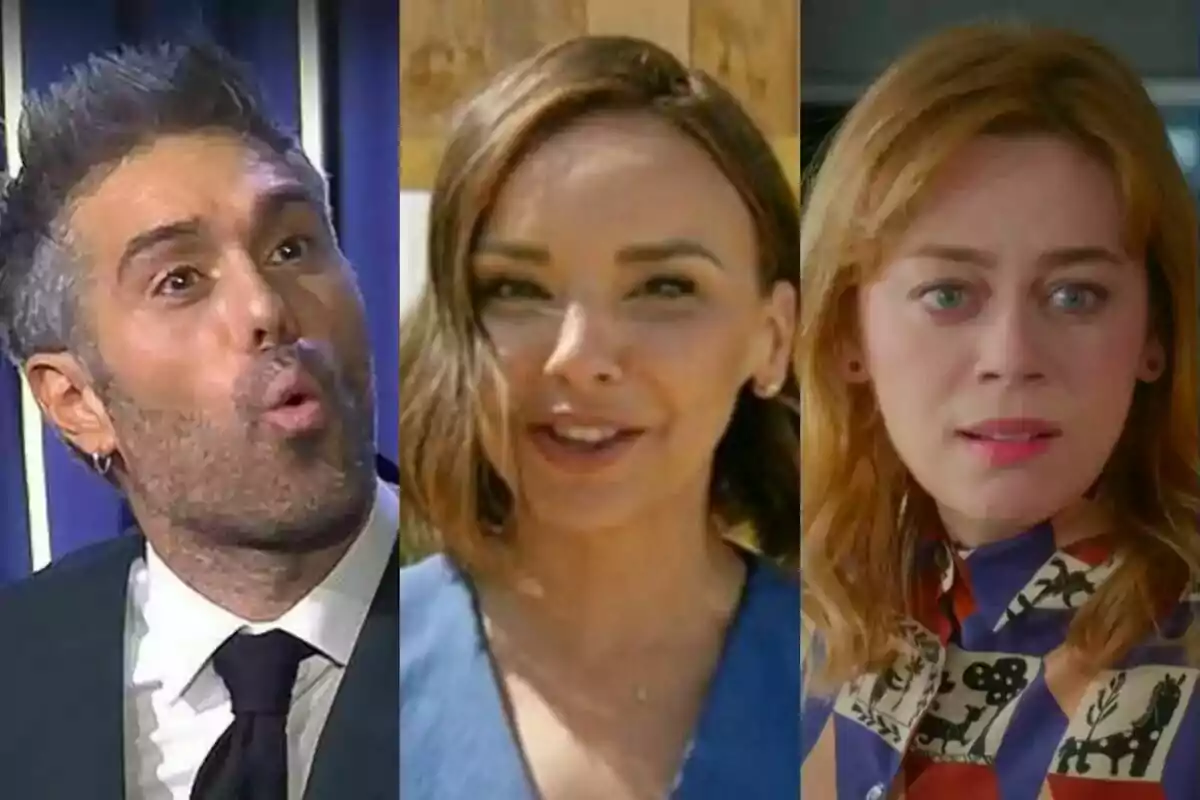 Tres personas aparecen en primer plano, Dani Martínez en El Gran Show, Chenoa en Dog House y Bahar en Renacer, cada una con diferentes expresiones faciales y fondos distintos