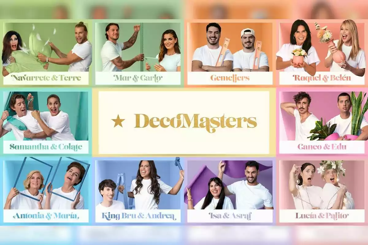 Imagen promocional del programa DecoMasters que muestra a varias parejas de concursantes posando con objetos de decoración y herramientas, cada pareja está en un recuadro de color diferente y en el centro aparece el logo del programa Imagen promocional del programa DecoMasters que muestra a varias parejas de concursantes posando con objetos de decoración y herramientas, cada pareja está en un recuadro de color diferente y en el centro aparece el logo del programa