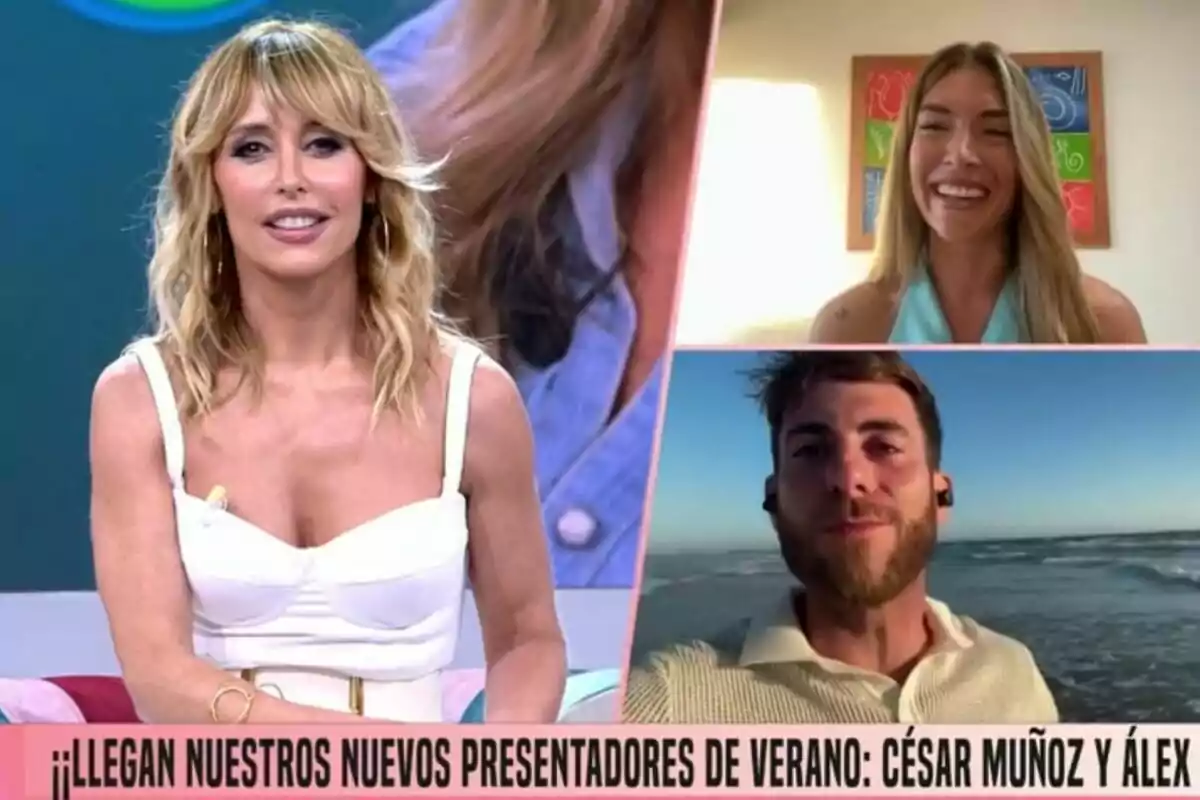 Emma García és en un estudi de Fiesta mentre Álex Blanquer i César Muñoz apareixen en videotrucada, una dona somrient en una habitació i un home a la platja, amb un text a la part inferior anunciant l’arribada de nous presentadors d’estiu. Emma García és en un estudi de Fiesta mentre Álex Blanquer i César Muñoz apareixen en videotrucada, una dona somrient en una habitació i un home a la platja, amb un text a la part inferior anunciant l’arribada de nous presentadors d’estiu.
