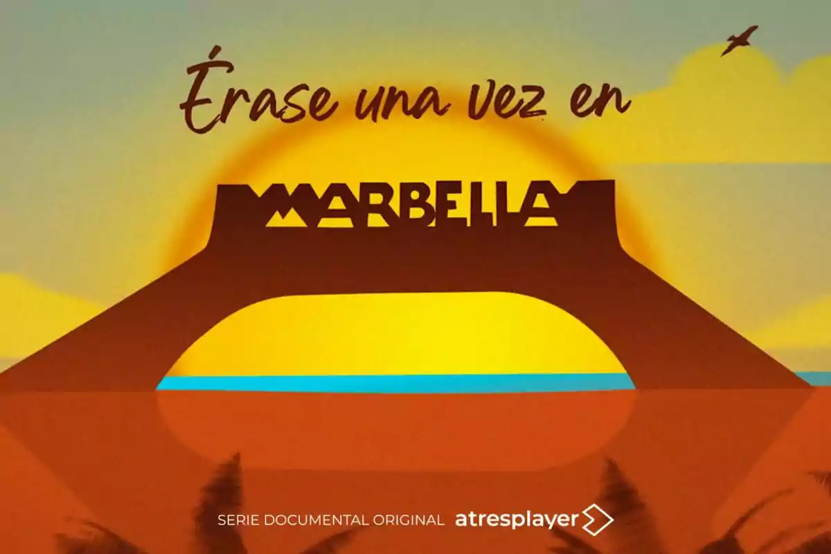 Il·lustració colorida d’una posta de sol amb el famós arc de Marbella i el text Hi havia una vegada a Marbella, promocionant una sèrie documental original d’Atresplayer.