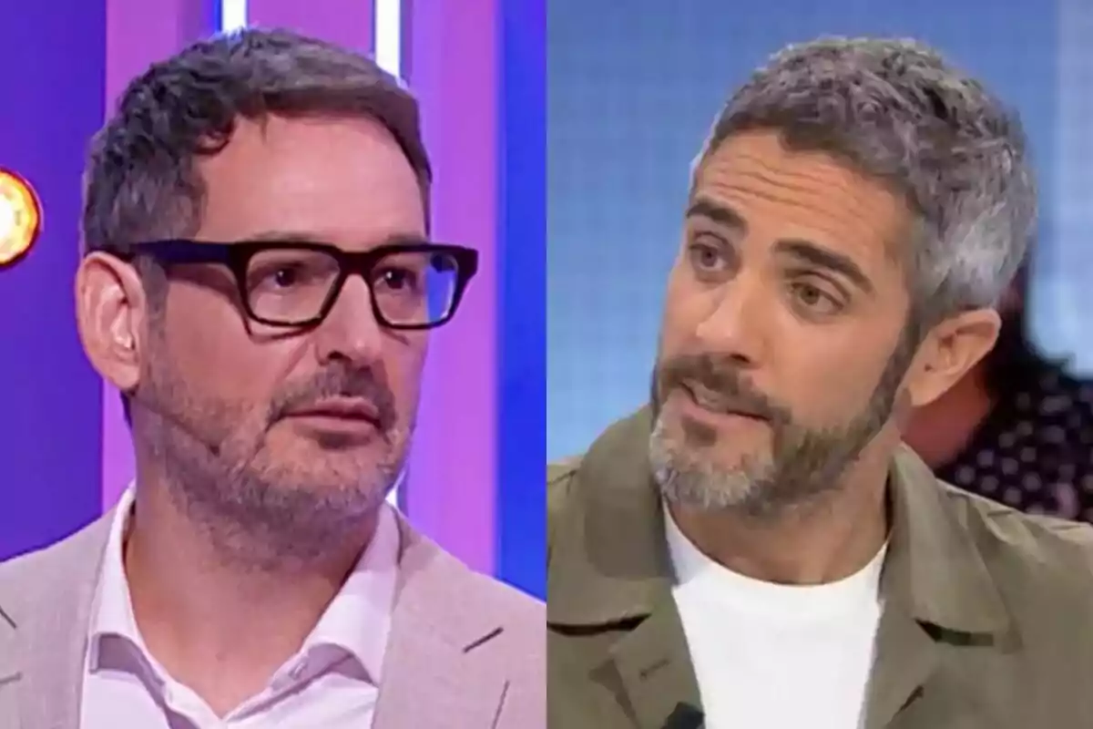 Dos hombres de cabello corto y barba conversan en un programa de televisión, Eugeni Alemany lleva gafas y chaqueta clara en Agárrate al sillón, Roberto Leal viste una camiseta blanca y chaqueta verde en Pasapalabra. Dos hombres de cabello corto y barba conversan en un programa de televisión, Eugeni Alemany lleva gafas y chaqueta clara en Agárrate al sillón, Roberto Leal viste una camiseta blanca y chaqueta verde en Pasapalabra.
