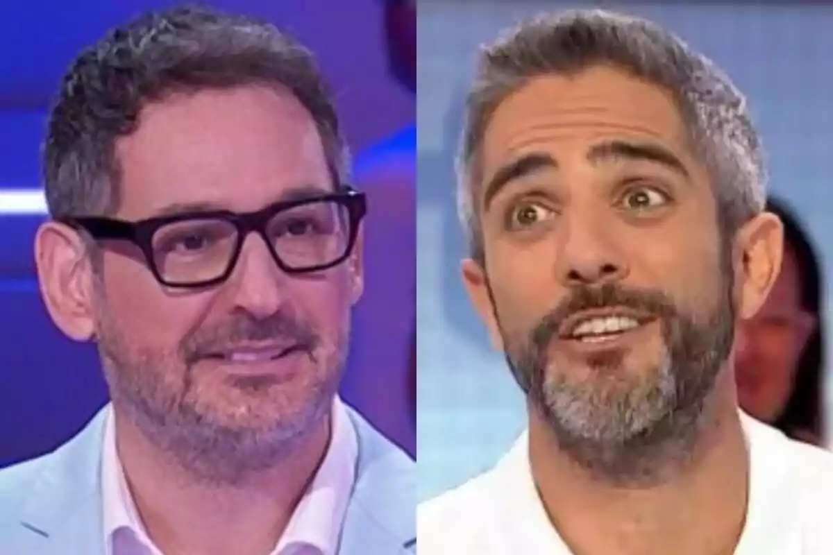 Dos homes de cabell curt i barba apareixen en un programa de televisió, Eugeni Alemany porta ulleres i jaqueta clara a Agafa’t al sofà, Roberto Leal porta samarreta blanca i té una expressió animada a Pasapalabra.