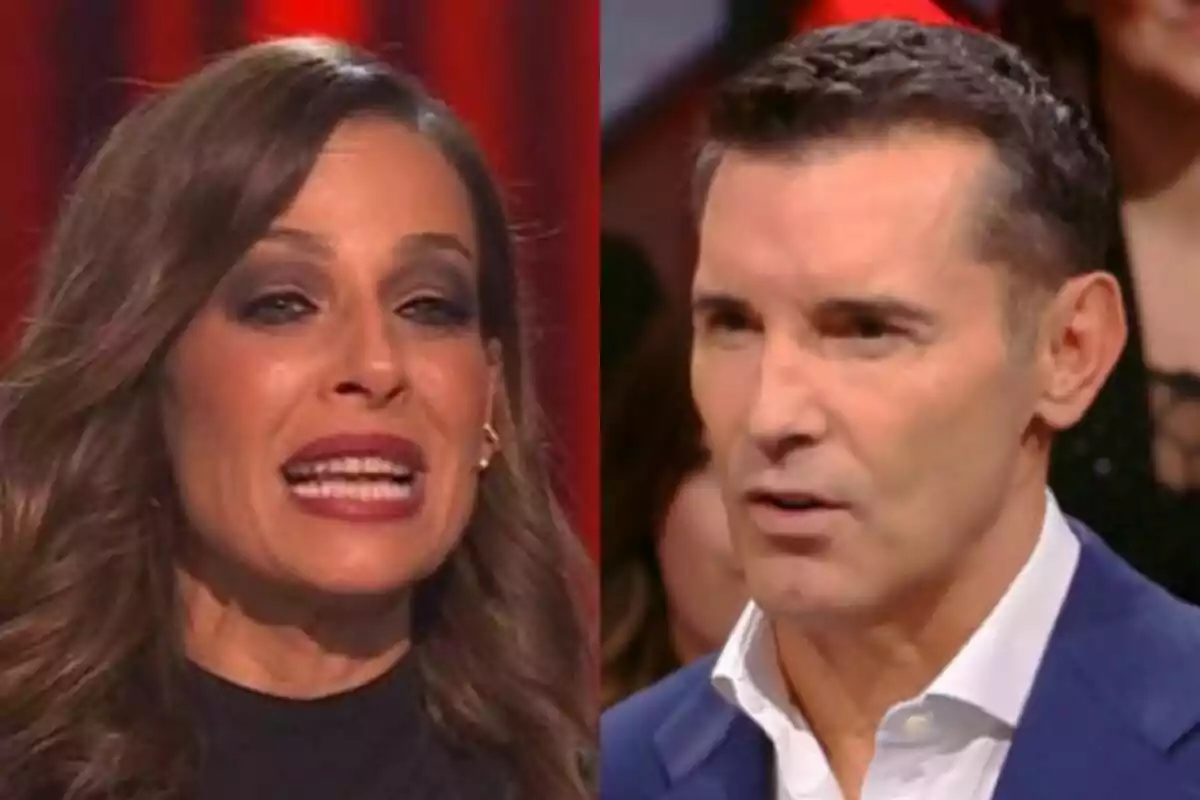 Dos personas en primer plano durante un programa de televisión, Eva González con cabello suelto y maquillaje oscuro en La Voz Kids a la izquierda y Jesús Vázquez de cabello corto y traje azul en La Noche de los Récords a la derecha, ambos con expresiones serias