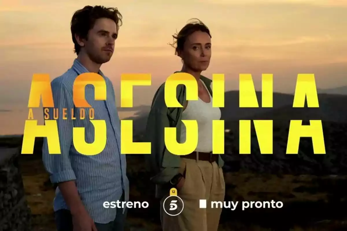 Freddie Highmore y Keeley Hawes de pie al aire libre al atardecer con el texto Asesina a sueldo en letras grandes y amarillas y los anuncios de estreno y muy pronto en la parte inferior Freddie Highmore y Keeley Hawes de pie al aire libre al atardecer con el texto Asesina a sueldo en letras grandes y amarillas y los anuncios de estreno y muy pronto en la parte inferior