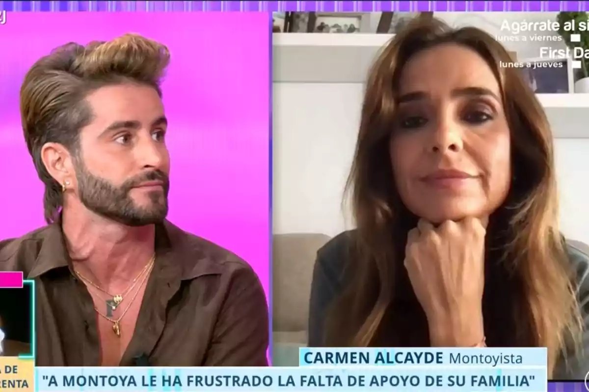 Pelayo y Carmen Alcayde participan en una entrevista televisiva, una de ellas aparece en el estudio con fondo rosa y la otra en videollamada con fondo blanco, ambas miran hacia el centro de la pantalla. Pelayo y Carmen Alcayde participan en una entrevista televisiva, una de ellas aparece en el estudio con fondo rosa y la otra en videollamada con fondo blanco, ambas miran hacia el centro de la pantalla.