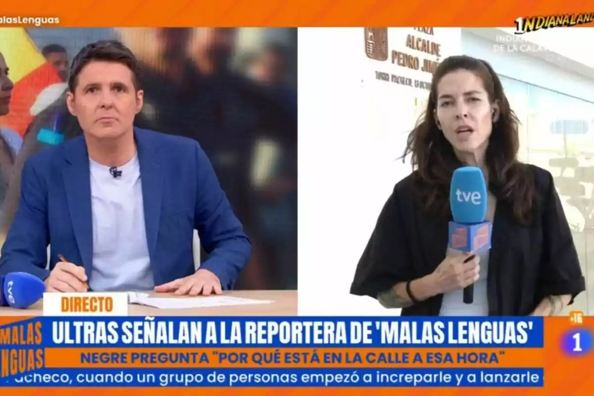 Jesús Cintora de televisión en un estudio y Esther Yáñez en exteriores sosteniendo un micrófono de tve durante una transmisión en directo del programa Malas Lenguas Jesús Cintora de televisión en un estudio y Esther Yáñez en exteriores sosteniendo un micrófono de tve durante una transmisión en directo del programa Malas Lenguas