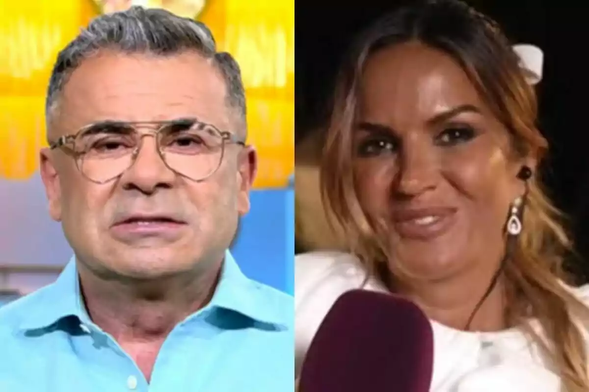 Dos personas aparecen en primer plano, Jorge Javier Vázquez con gafas y camisa celeste a la izquierda y Marta López con pendientes y micrófono a la derecha.