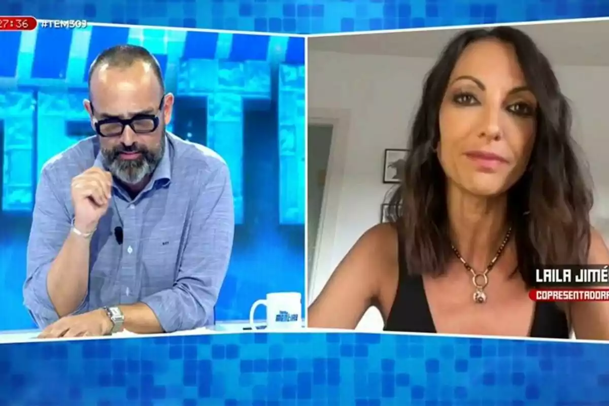 Risto Mejide con gafas y barba participa en Todo es Mentira junto a Laila Jiménez que aparece en videollamada