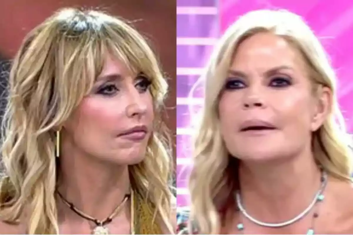 Emma García y Makoke rubias con el cabello suelto y maquillaje en un entorno de estudio de televisión de Fiesta, mirando hacia el frente.