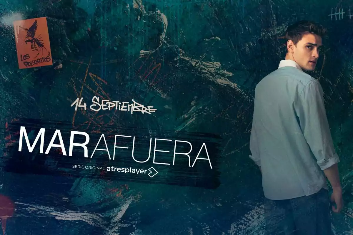 Póster promocional de la serie Mar Afuera con Gabriel Guevara de espaldas mirando hacia la cámara sobre un fondo azul y la fecha de estreno 14 septiembre