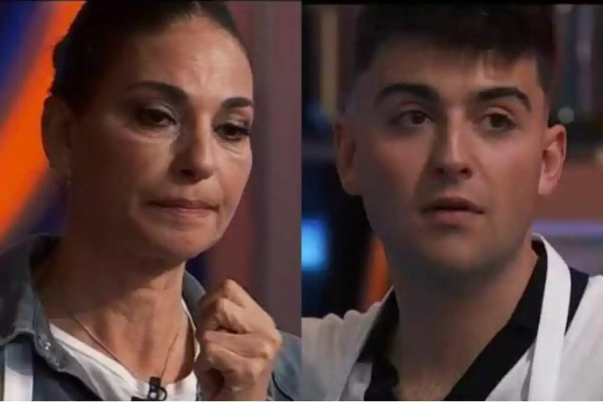 Mariló Montero y Juanjo Bona con expresión seria y preocupada en un ambiente de competencia culinaria de MasterChef Celebrity. Mariló Montero y Juanjo Bona con expresión seria y preocupada en un ambiente de competencia culinaria de MasterChef Celebrity.