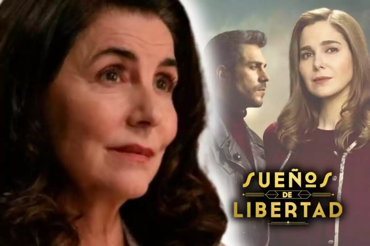 Primer pla d’Ana Fernández amb expressió seriosa al costat d’un cartell promocional de la sèrie ‘Sueños de Libertad’ on apareixen dues persones més i el títol en lletres daurades.