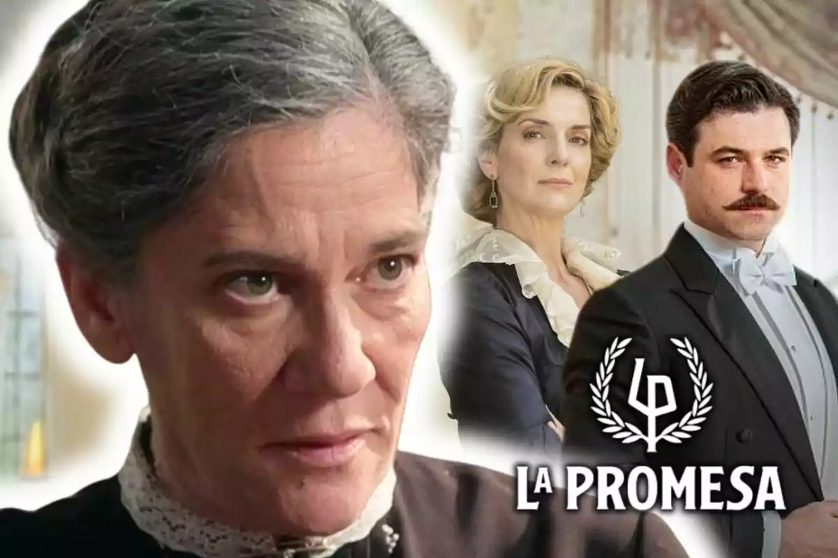 Tres personatges de la sèrie 'La Promesa' amb el logotip de la producció a la cantonada inferior dreta, una d'elles apareix en primer pla i és l'actriu Marga Martínez.