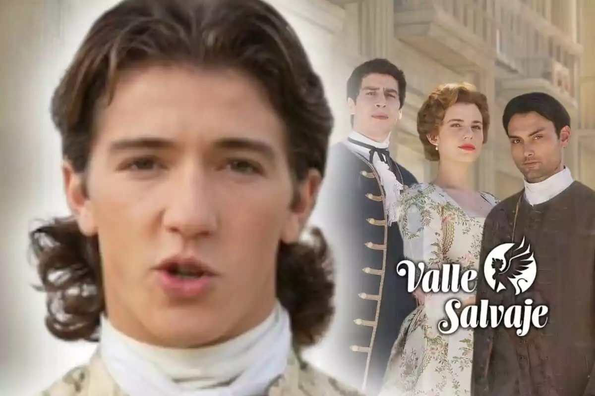 Joves vestits amb roba d’època, un d’ells l’actor Julen Katzy que és en primer pla, posen davant d’un edifici antic amb el text ‘Valle Salvaje’ a la imatge.