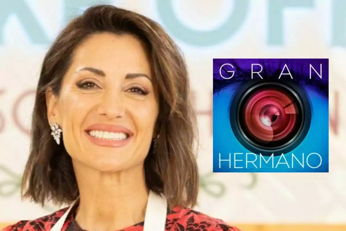 Nagore Robles sonriente de cabello corto y oscuro con pendientes brillantes y un logo de Gran Hermano en la esquina superior derecha
