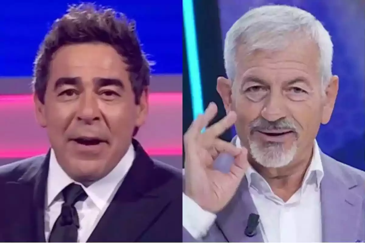 Dos homes en un plató de televisió, Pablo Chiapella amb cabell fosc i vestit negre a ¿Algo que declarar?, Carlos Sobera amb cabell canós i americana lila fent un gest d'ok amb la mà a Todos por ti.