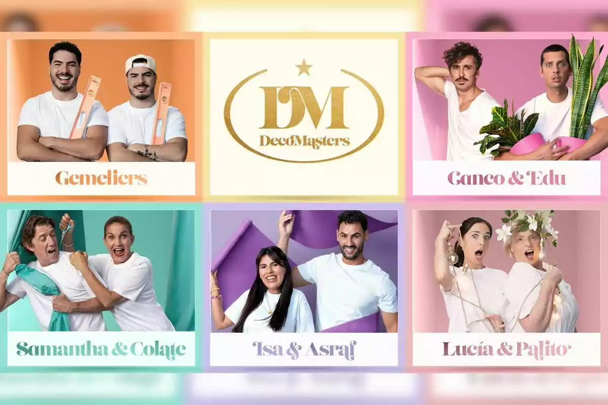 Sis quadres mostren diferents parelles de concursants (Gemeliers, Canco Rodríguez i Eduardo Casanova, Samantha Vallejo-Nájera i Colate Vallejo-Nájera, Isa Pantoja i Asraf Beno, Lucía Dominguín i Palito) posant amb objectes relacionats amb la decoració; cada quadre té un fons de color diferent i els noms dels equips apareixen a la part inferior de cada imatge; al centre hi ha el logotip de DecoMasters.