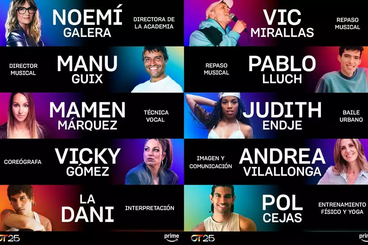 Imagen con los retratos y nombres de los profesores de Operación Triunfo 2025 junto a sus especialidades, sobre fondos de colores llamativos y el logo de Prime Video y OT25 en la parte inferior Imagen con los retratos y nombres de los profesores de Operación Triunfo 2025 junto a sus especialidades, sobre fondos de colores llamativos y el logo de Prime Video y OT25 en la parte inferior