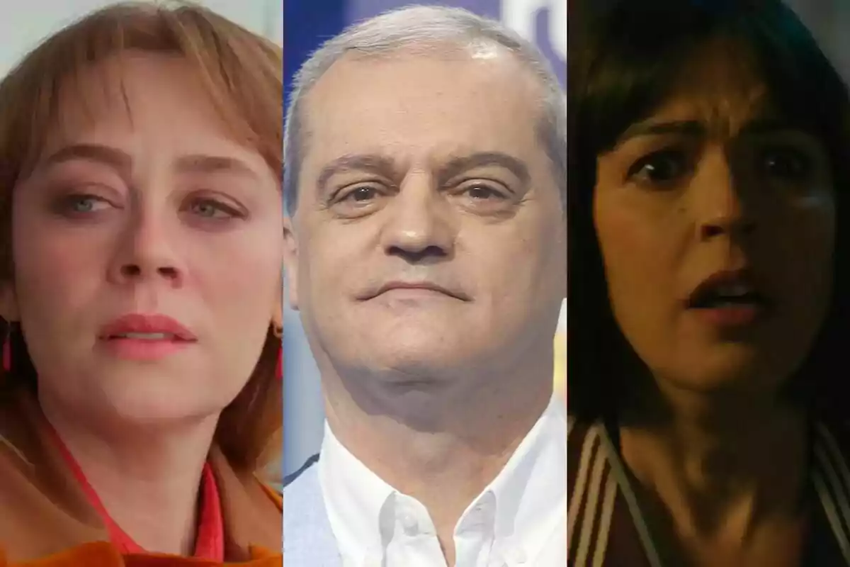 Tres personas en primer plano con diferentes expresiones faciales, Bahar parece triste en Renacer, Ramón García mayor está serio en El Grand Prix, y Verónica Sánchez muestra sorpresa o preocupación en La Favorita 1922.