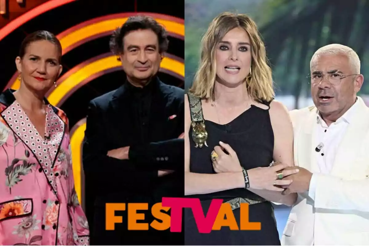Samantha Vallejo-Nájera i Pepe Rodríguez a MasterChef Celebrity i Sandra Barneda i Jorge Javier Vázquez a Supervivientes posen en dos escenaris diferents amb el logotip de FESTVAL a la part inferior de la imatge.