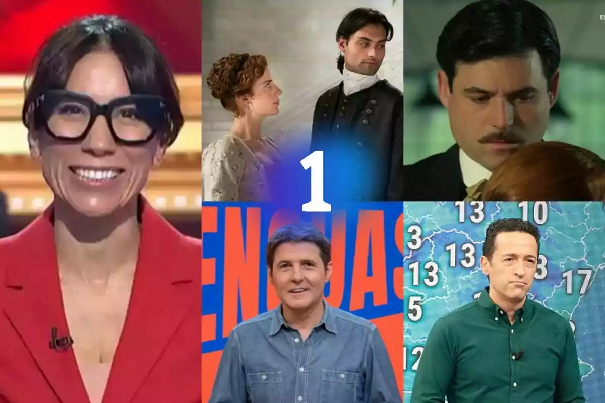 Collage de cinc presentadors i actors de televisió amb el logotip de La 1 al centre: Itizar Miranda a La Piràmide, Rocío Suárez de Puga i Marco Pernas a Valle Salvaje, Arturo Sancho a La Promesa, Jesús Cintora a Males Llengües i Jacob Petus a Aquí la Terra