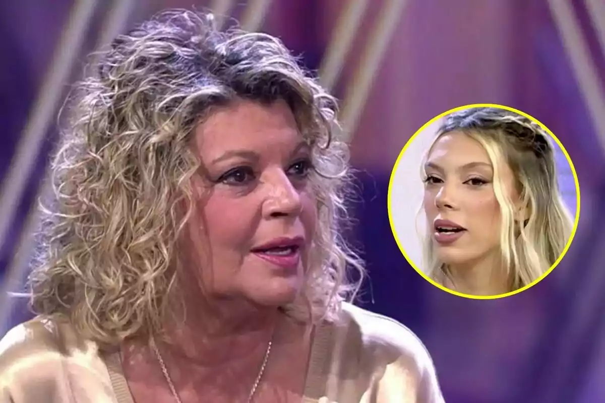 Terelu Campos de cabello rizado rubio hablando en De Viernes con un recuadro circular que muestra a Alejandra Rubio de cabello largo y rubio con fondo morado difuminado