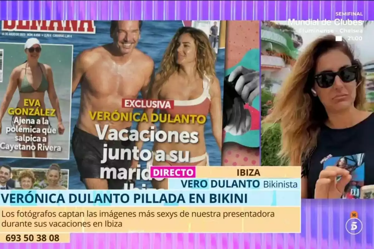 Portada de revista i tarda mostrant Verónica Dulanto en biquini durant les seves vacances a Eivissa amb la seva parella, amb titulars i fotos de platja, a més d’una imatge d’ella amb ulleres de sol i samarreta fosca